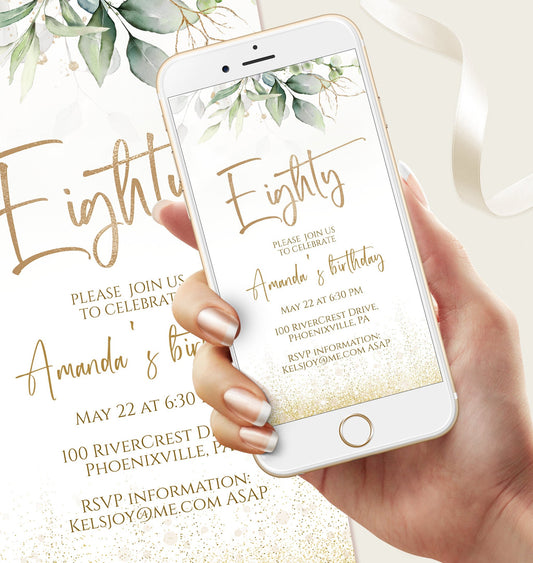 Eighty Electronic Birthday Invitation Template, 80th Greenery Phone Party Invite Evite, Instant Download, Text Message, Mobile Invitation