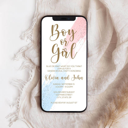 Boy or Girl Gender Reveal Invitation Template | Editable He or She Digital Evite | Watercolor Pink & Blue Text Message Invite | Instant Download