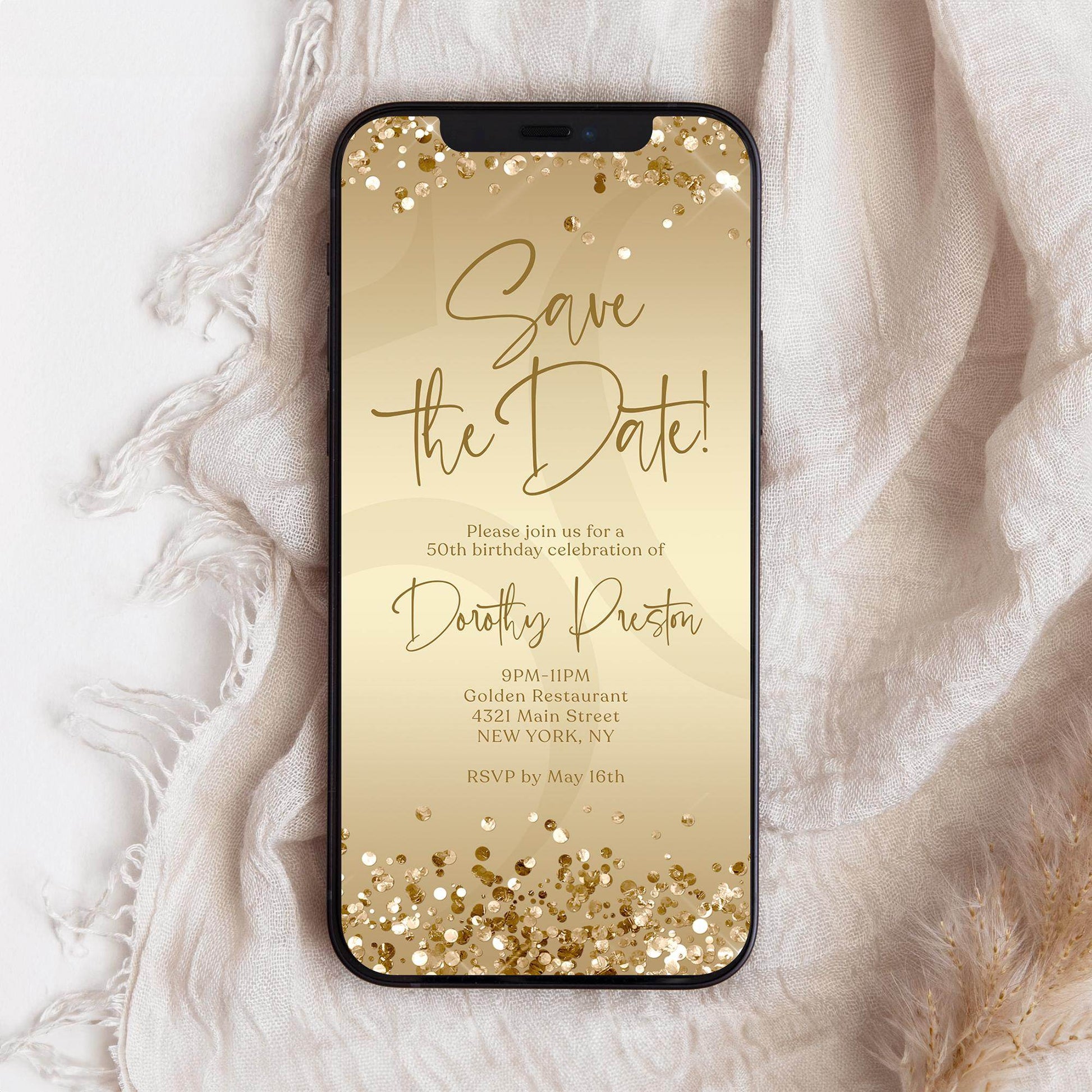 Electronic Save the Date Gold Birthday Invitation Template, Digital Luxury Invite, Editable Text Message Evite, Instant Download, Editable Invite
