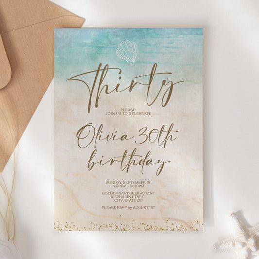 Beach Birthday Invitation Template | Editable Watercolor Invite | 30th or Any Age Printable Birthday Evite | Ocean Theme Digital Download