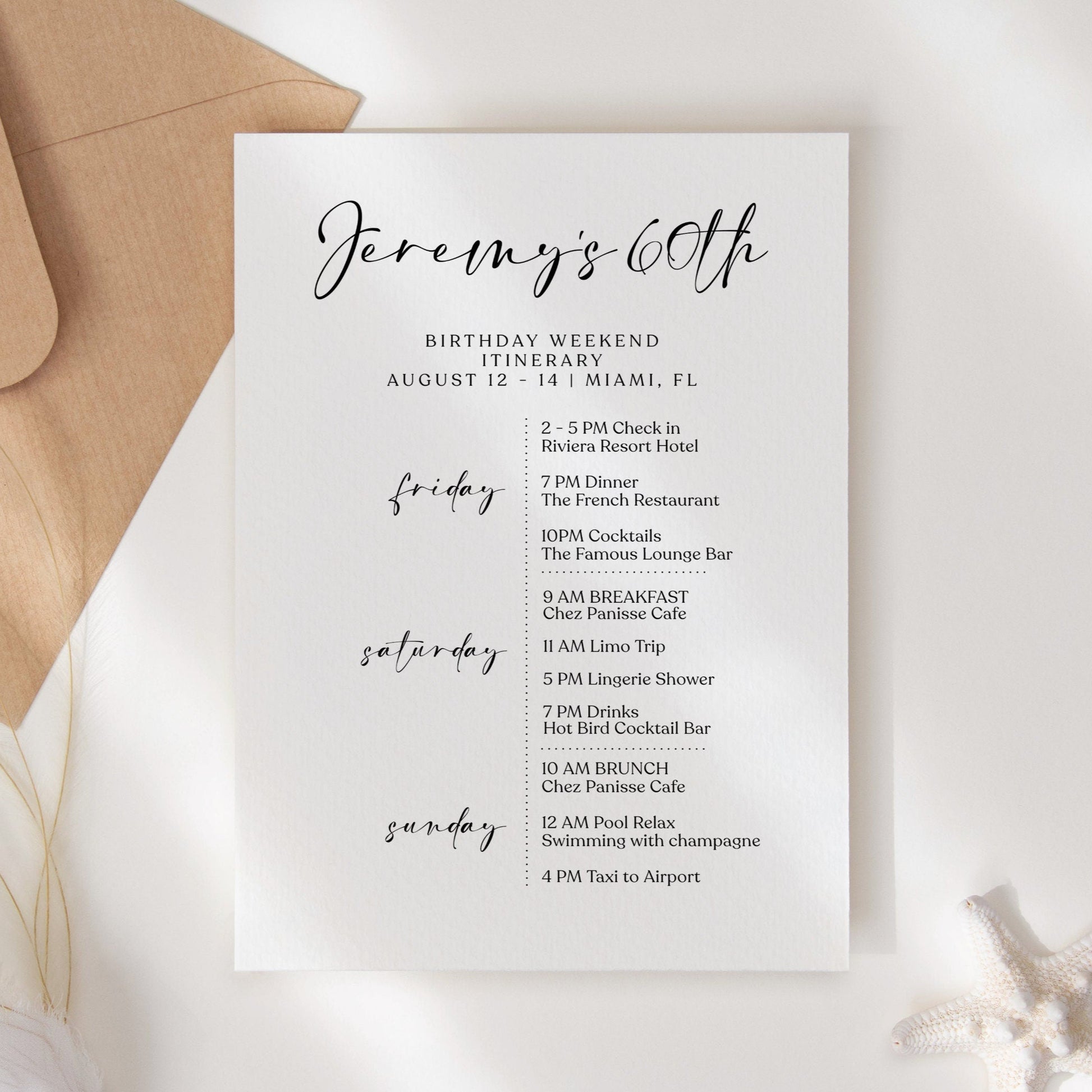 Editable Simple 60th Sixty Birthday Itinerary Template, Printable Minimalist Weekend Itinerary, White Birthday Weekend Schedule