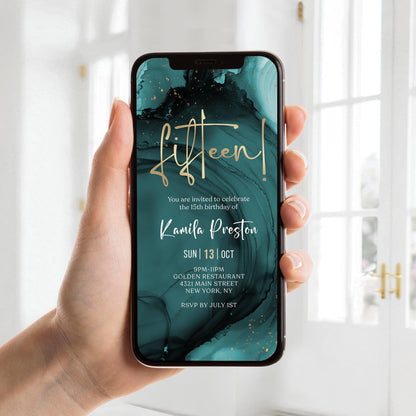 15th Birthday Invitation Template - Blue Teal Gold Design | Instant Download