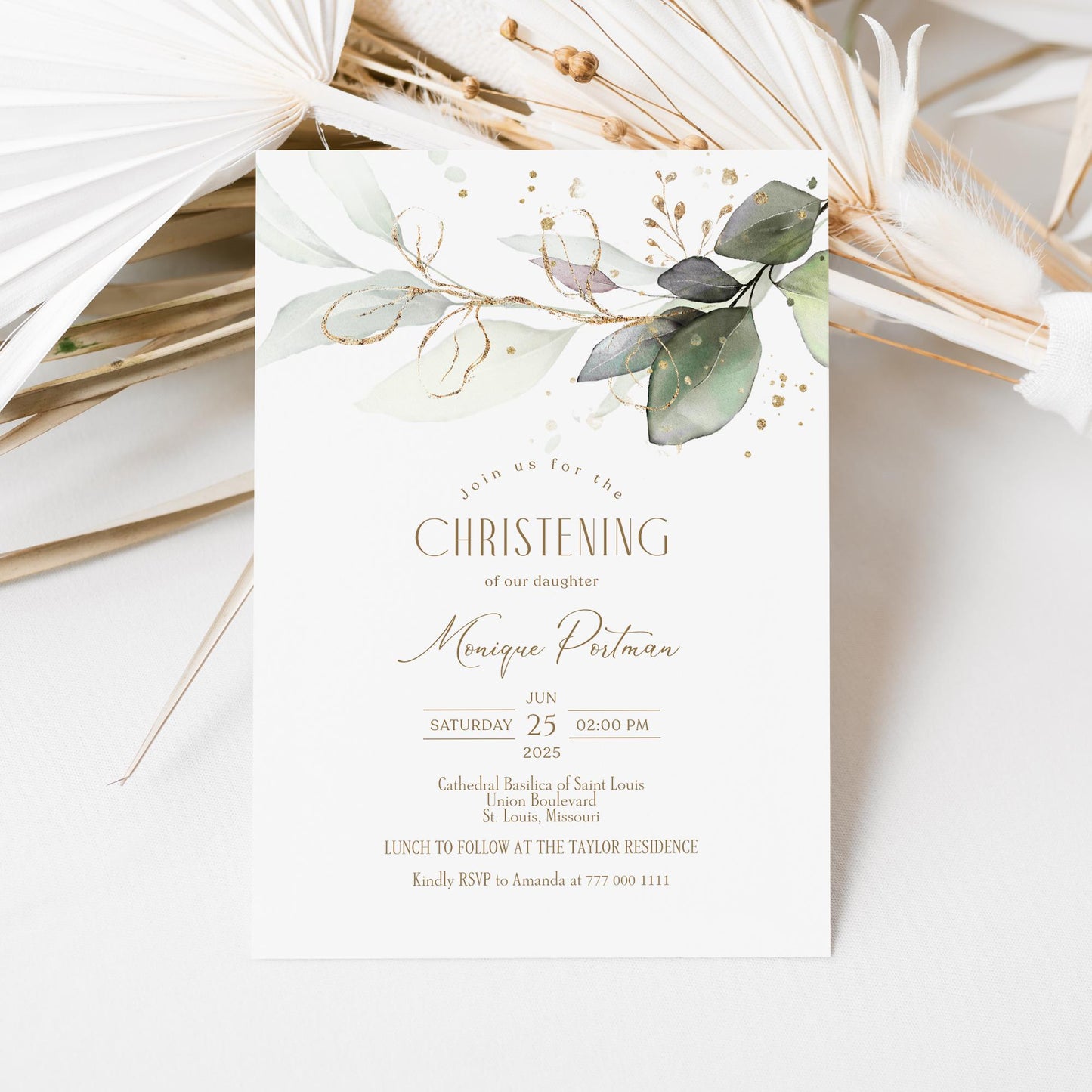 Printable Christening Invitation Card Template, Editable Greenery Eucalyptus Invite, Boy Girl Baptism Invitation, Digital Instant Download