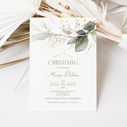 Printable Christening Invitation Card Template, Editable Greenery Eucalyptus Invite, Boy Girl Baptism Invitation, Digital Instant Download