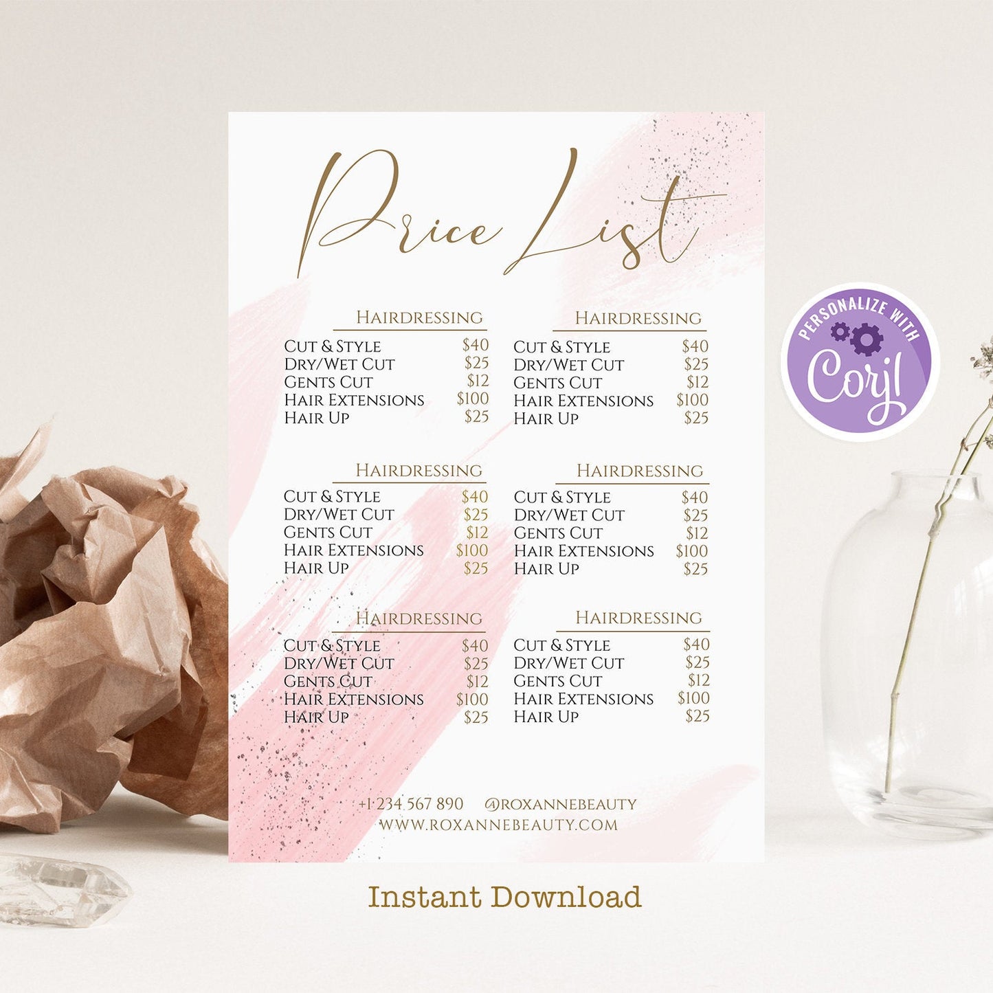 Editable Price List Template | Instant Download | Beauty Salon Pricing Guide