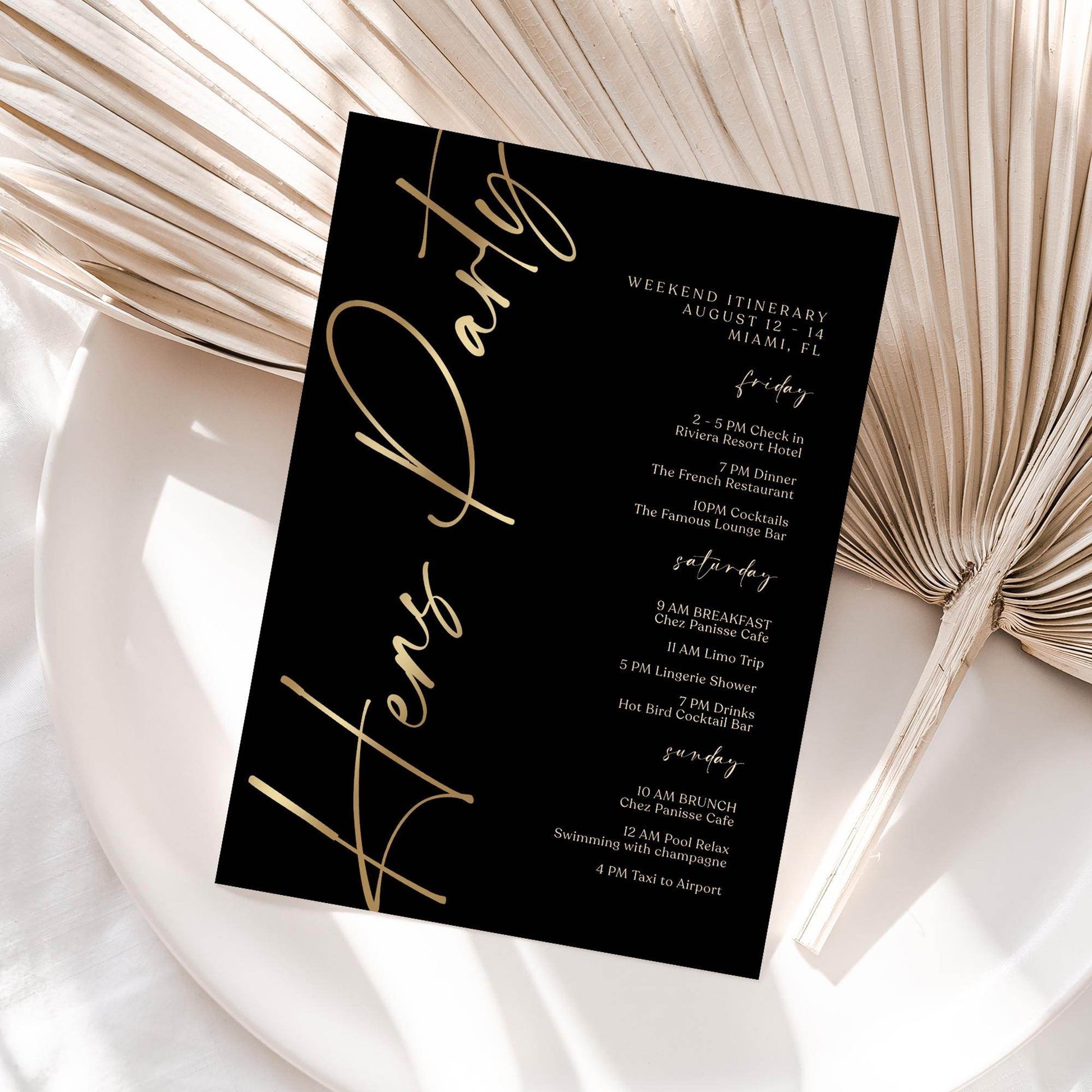 Editable Black Gold Hens Party Weekend Itinerary Template – Printable Bachelorette Weekend Schedule | Digital Event Planner | Instant Download