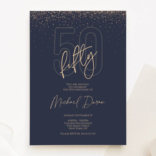 Blue Navy & Gold 50th Birthday Invitation Template – Printable Digital Email Invite | Editable 50th Birthday Card for Men | DIY Instant Download