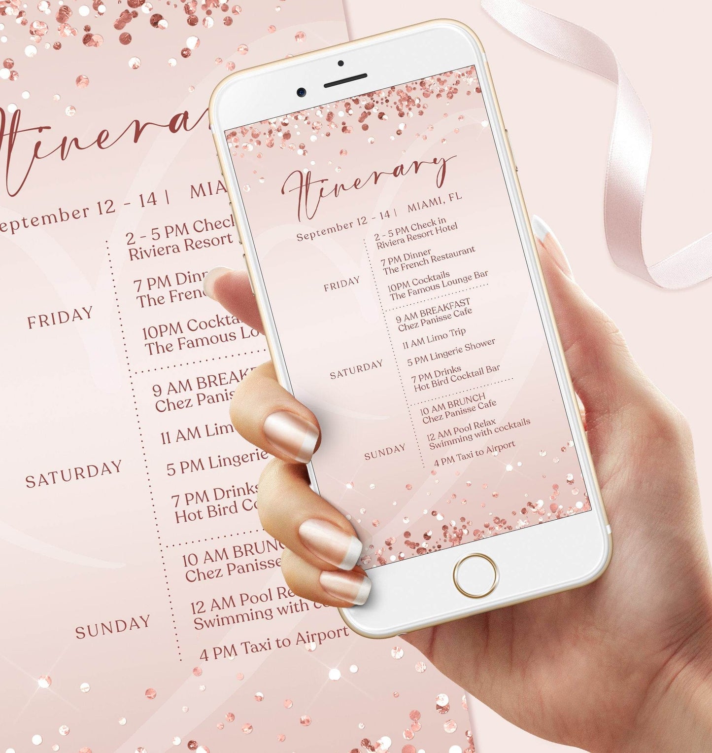 Pink Birthday Weekend Itinerary Template – Digital Bachelorette Schedule – Editable Mobile Evite – Text Message Weekend Agenda