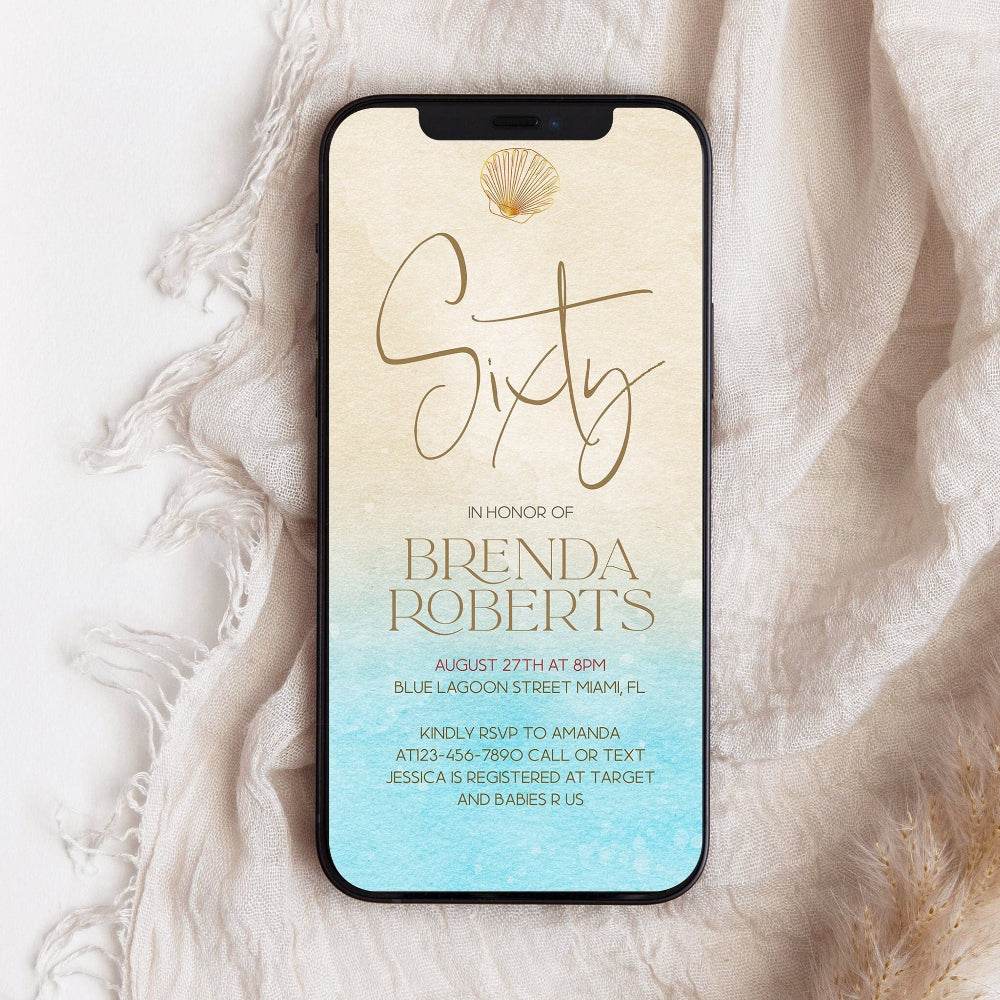 Digital Sixty 60th Beach Birthday Party Invitation – Editable Electronic Evite Template – SMS Text Message Invite – Watercolor Beach DIY Digital Invite