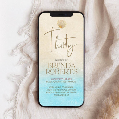 Digital Beach Party 30th Birthday Invitation – Editable Electronic Phone Evite | 30th Birthday Text Message Invite Template | Instant Download