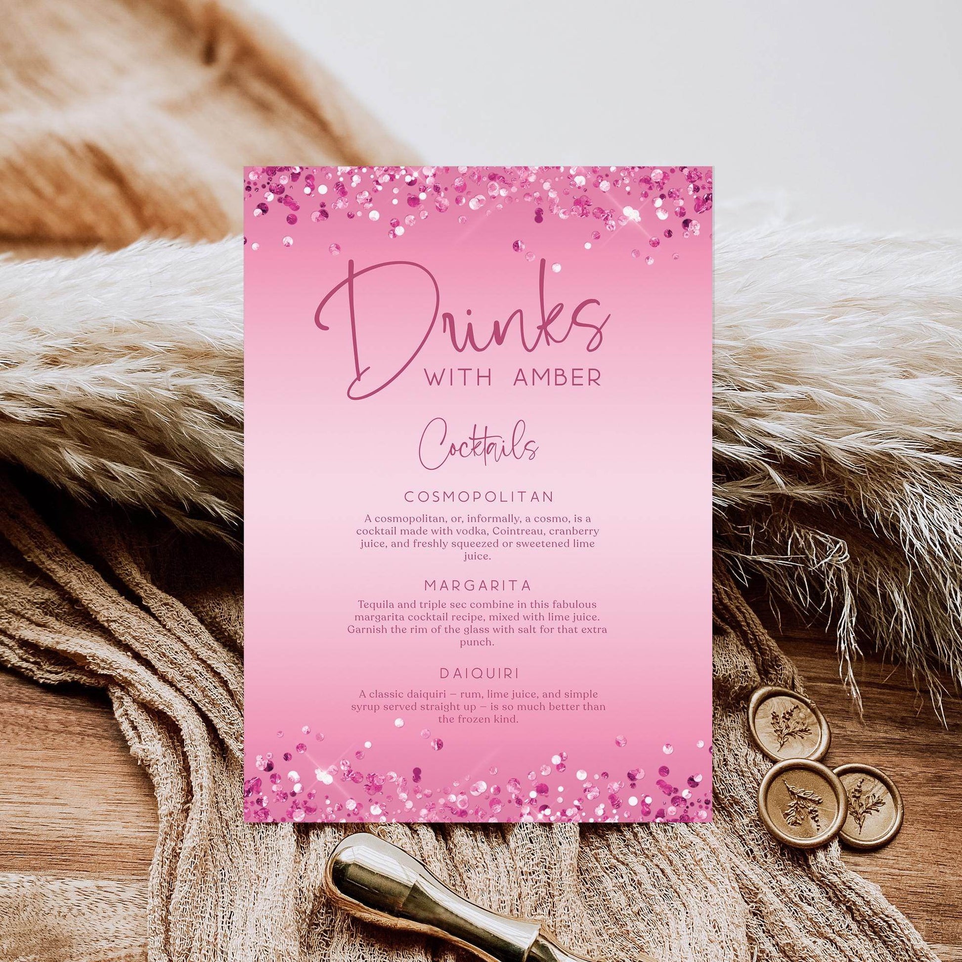 Cocktail Drinks Menu Signage Template – Editable Pink Signature Drinks Menu | Custom Name Printable for Birthday, Bachelorette, Hens Party | Instant Digital Download
