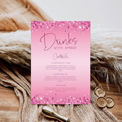 Cocktail Drinks Menu Signage Template – Editable Pink Signature Drinks Menu | Custom Name Printable for Birthday, Bachelorette, Hens Party | Instant Digital Download