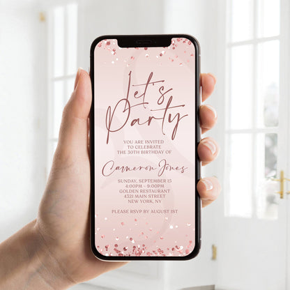 Digital Rose Gold "Let's Party" Birthday Invitation Template