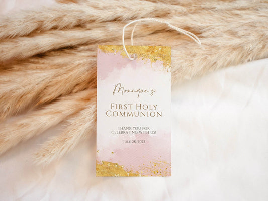 Printable Girl First Communion Thank You Tag, Editable Favor Tag Template, Pink Gold Foil Watercolor, Baptism Gift Tag, Instant Download