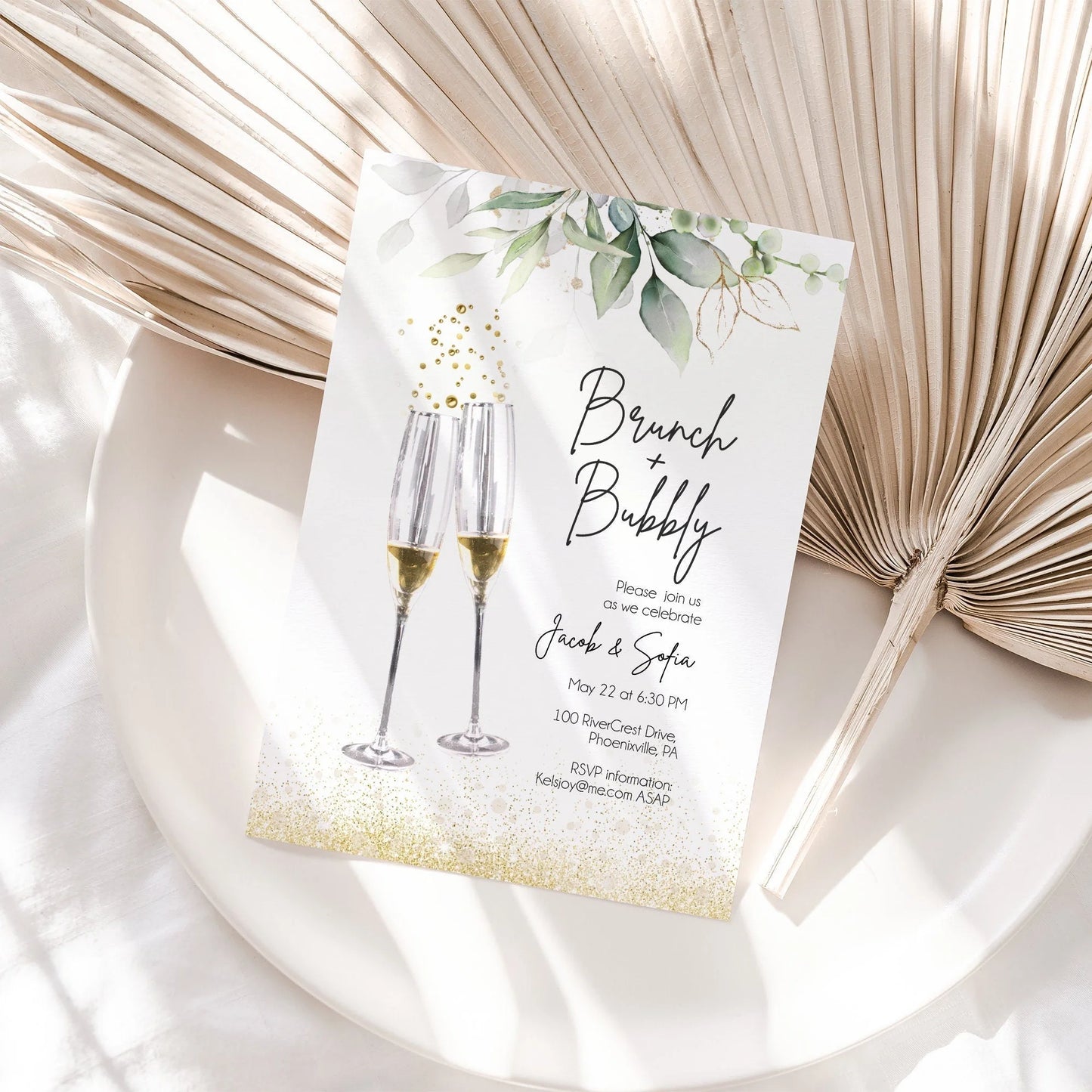 Printable Brunch and Bubbly Bridal Shower Invitation, Editable Wedding Shower Invite, Champagne Shower, Greenery Gold Bridal Shower Invite