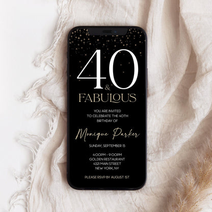 Electronic Black Gold 40th Forty & Fabulous BIRTHDAY Invitation Template, Phone text message invite, Editable Evite, Instant Download