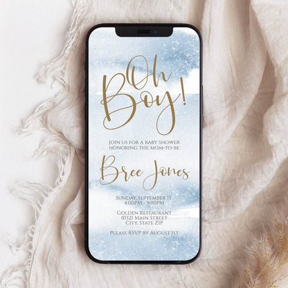 Oh Boy Baby Shower Digital Invite | Blue Watercolor Baby Shower Invitation | Text Message Baby Shower Template | Editable Electronic Invite