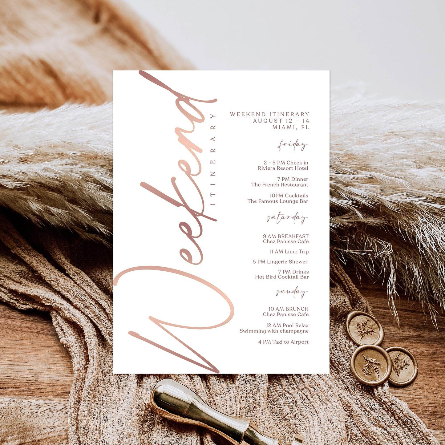 Editable Rose Gold Weekend Itinerary Template – Printable Birthday, Anniversary, or Hen Party Schedule | Digital Download | Email or Text Message Friendly