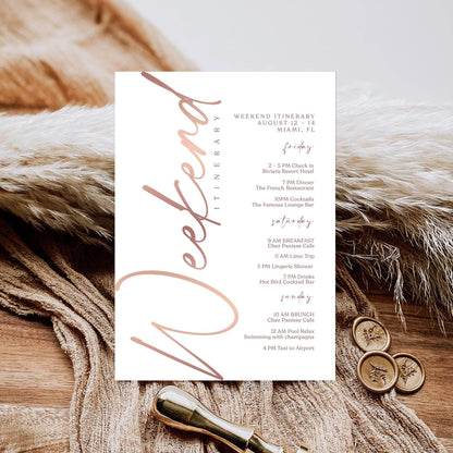Editable Rose Gold Weekend Itinerary Template – Printable Birthday, Anniversary, or Hen Party Schedule | Digital Download | Email or Text Message Friendly