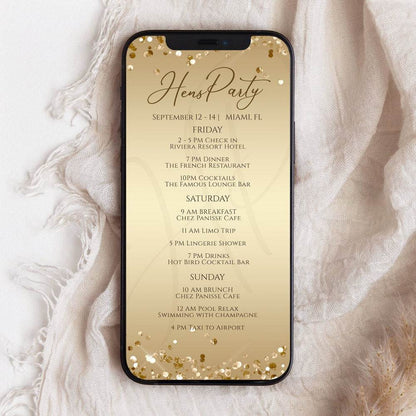 Gold Digital Hens Party Weekend Itinerary – Editable Event Schedule for Birthday, Bachelorette, Wedding, or Family Reunion | Text Message Evite | Instant Download