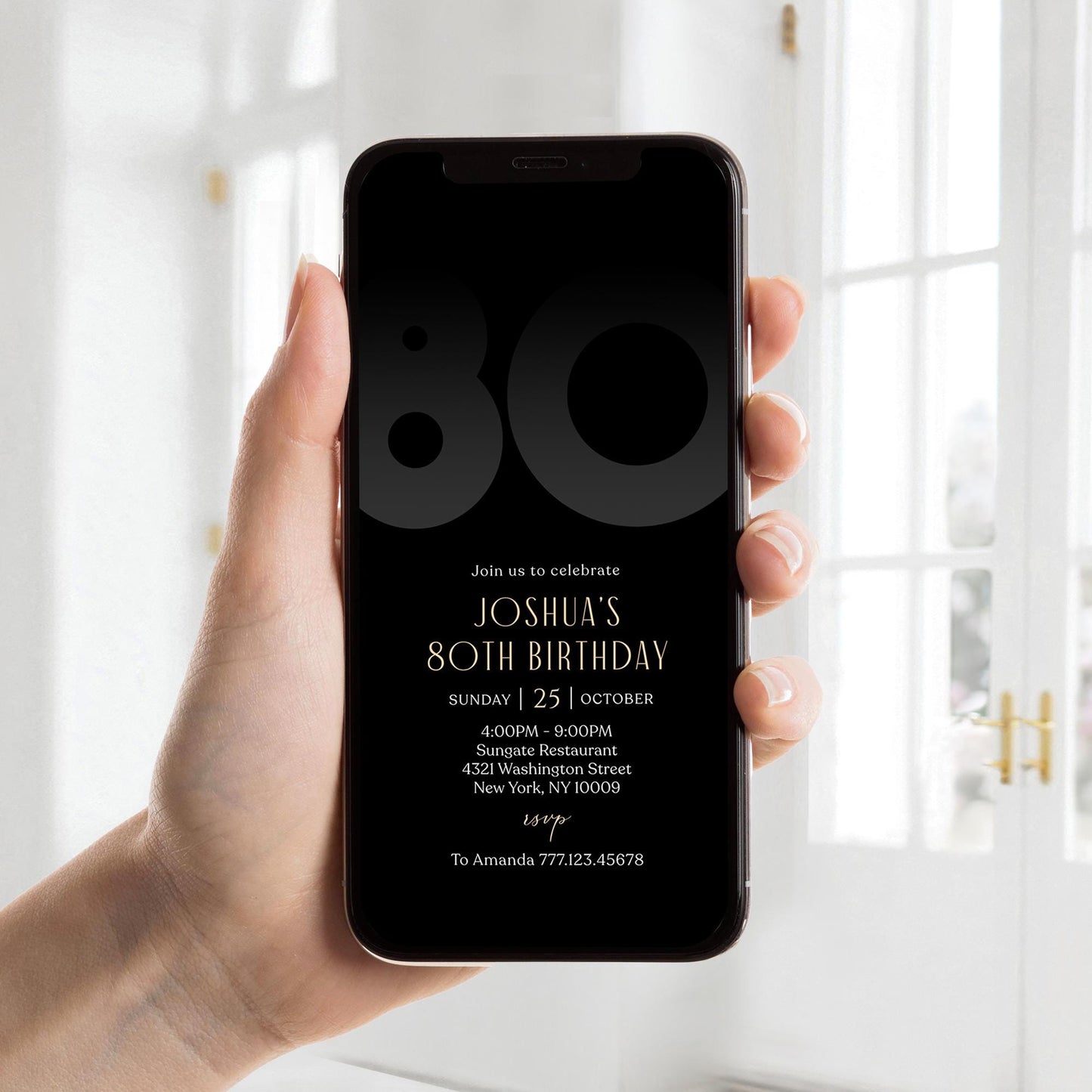 Digital Black 80th Eighty Birthday Invitation Template, Electronic Mobile Invite for Him, Phone Black Elegant Invitation, Text Message Evite