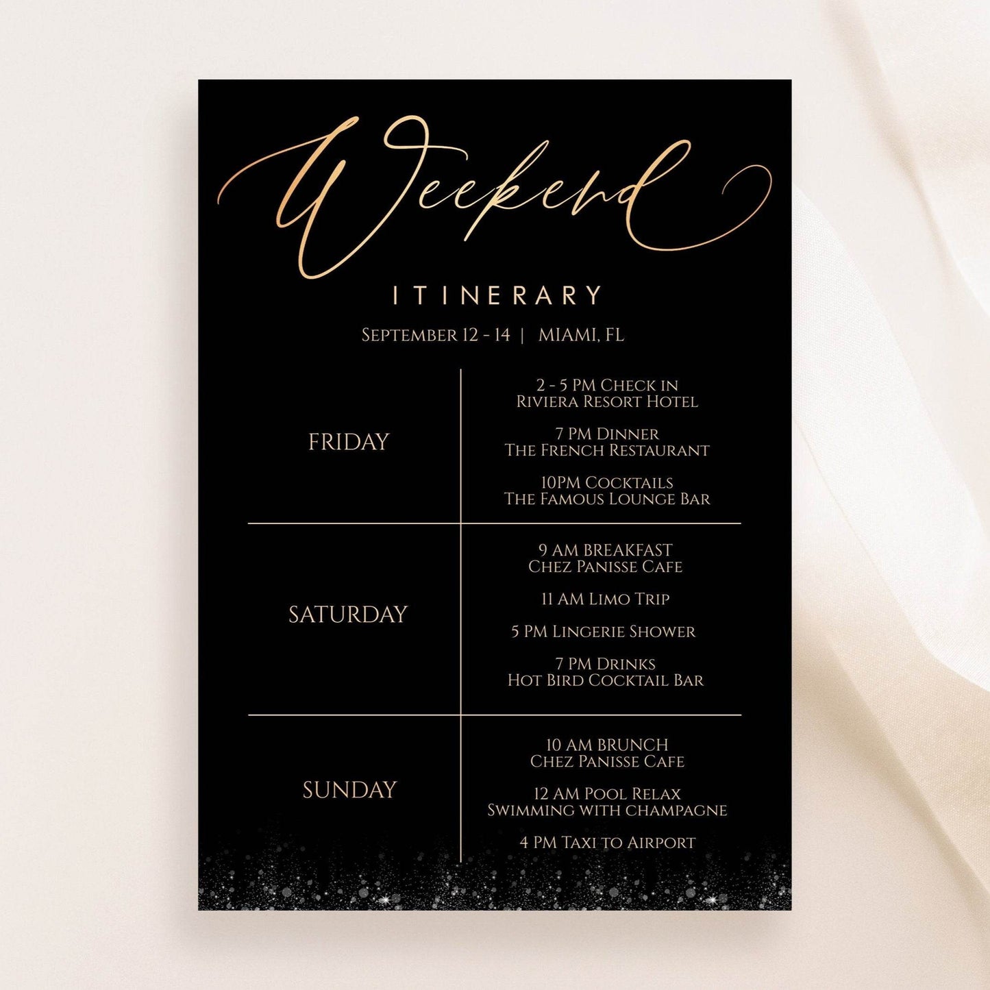 Gold & Black Itinerary Template – Printable Weekend Schedule – Editable Bachelorette, Hens Party, Birthday Weekend Agenda – Instant Download