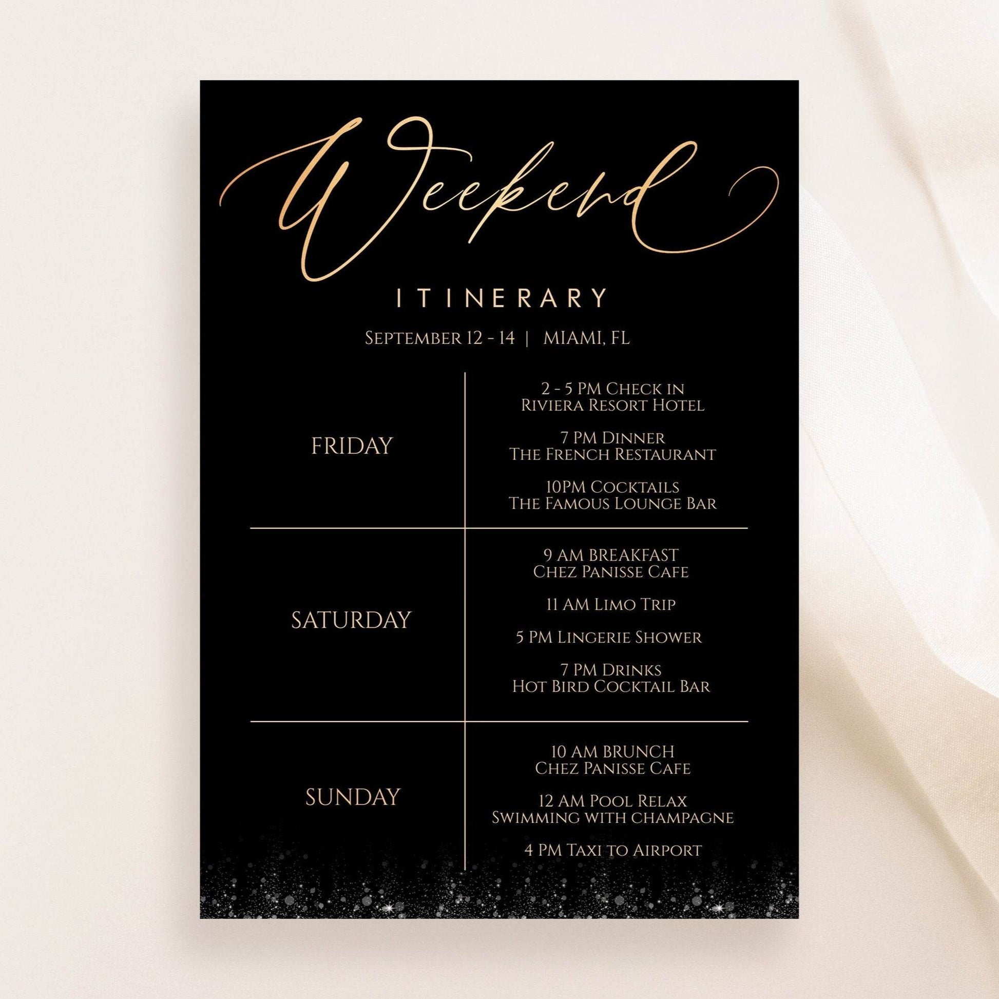 Gold & Black Itinerary Template – Printable Weekend Schedule – Editable Bachelorette, Hens Party, Birthday Weekend Agenda – Instant Download