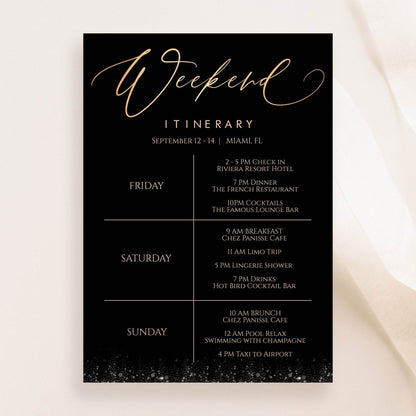 Gold & Black Itinerary Template – Printable Weekend Schedule – Editable Bachelorette, Hens Party, Birthday Weekend Agenda – Instant Download