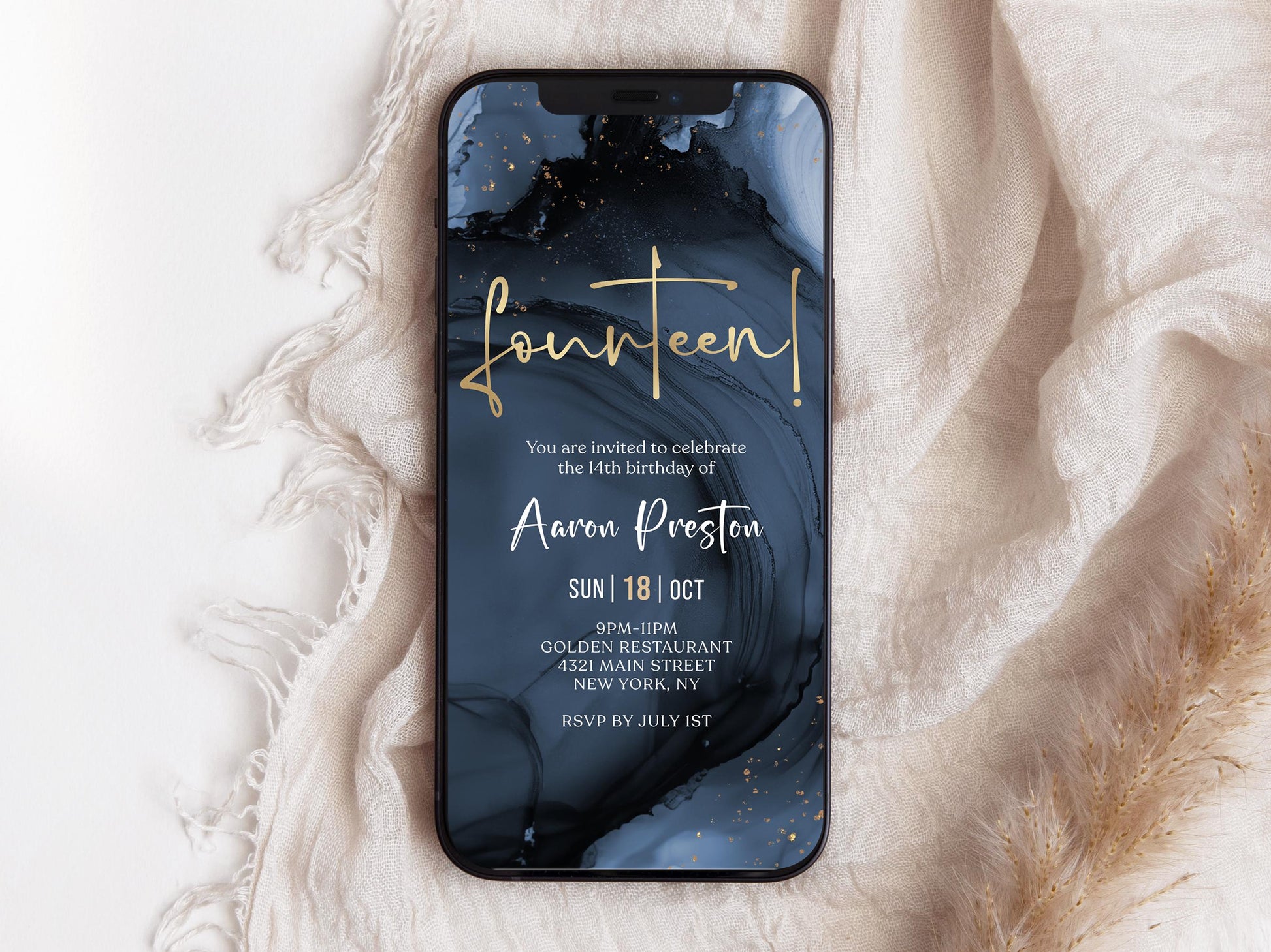 Blue Navy Gold Foil 14th Birthday Invitation Template, Digital Birthday Party Invite, Editable Electronic Evite, Text Message Invitation