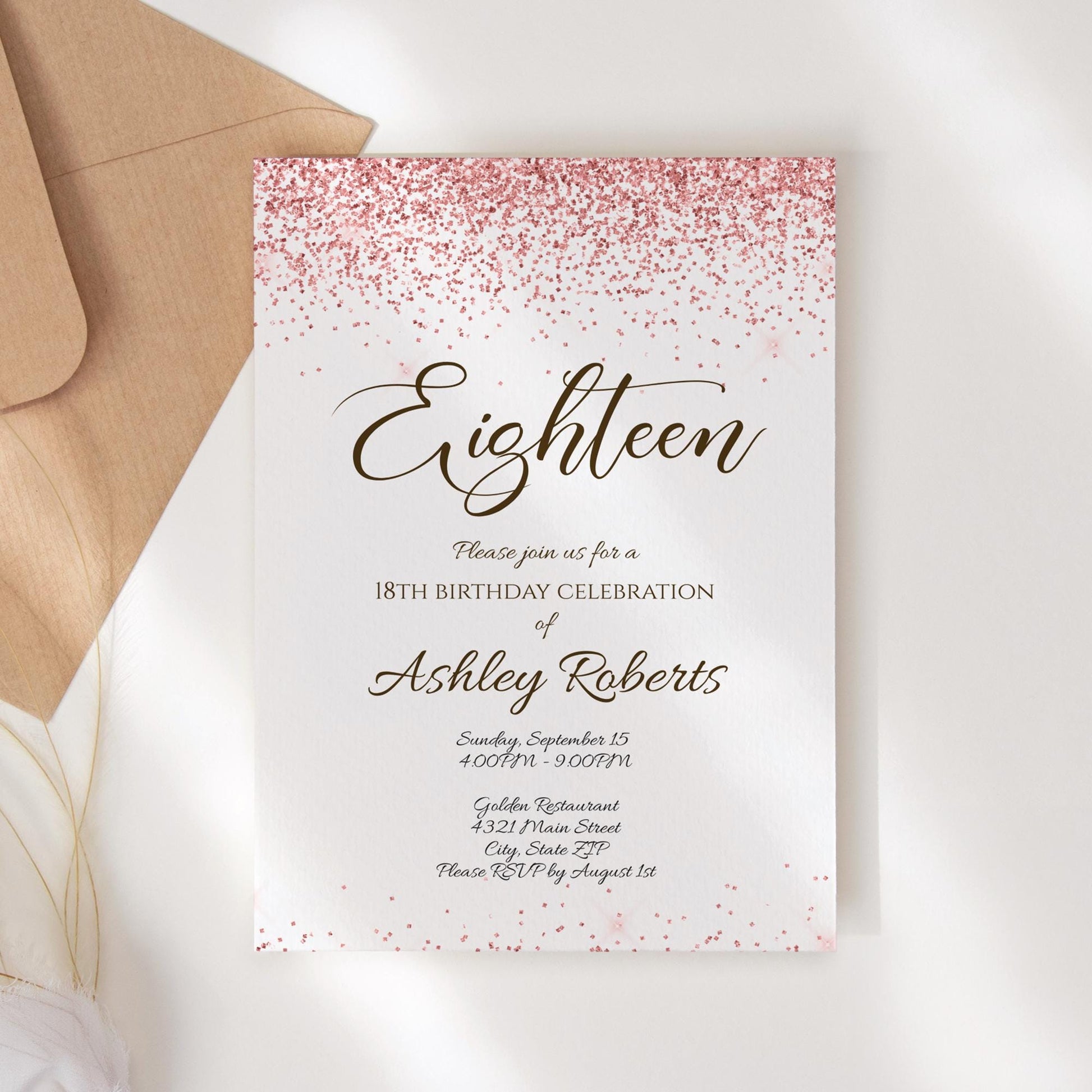 Luxury 18th Rose Gold Glitter Editable Eighteen Birthday Invitation Template, Printable Invite or Text Digital Invitation, Instant Download