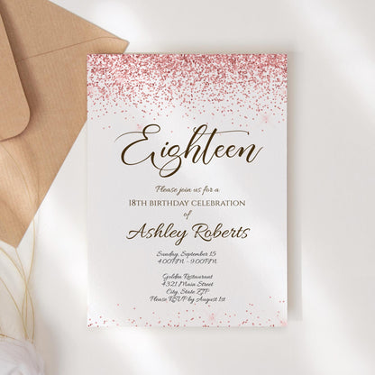 Luxury 18th Rose Gold Glitter Editable Eighteen Birthday Invitation Template, Printable Invite or Text Digital Invitation, Instant Download