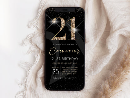 Luxury Digital 21st Twenty One Birthday Evite Invitation Template, Electronic Black Gold Modern Invite, Text Message Evite, 21 Phone Invite