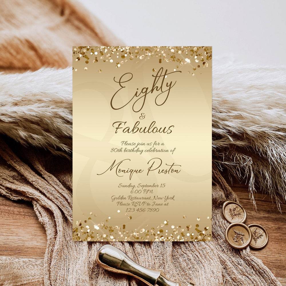 Gold 80th Birthday Invitation Template – Printable “Eighty & Fabulous” Party Invite | Editable Surprise Dinner Invite for Ladies | Digital Download