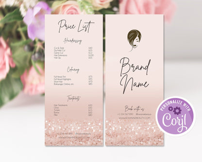 Editable Rose Gold Price List Template, Printable Pricing Guide for Hair & Beauty Salon, Business Price Sheet Chart, Instant Download
