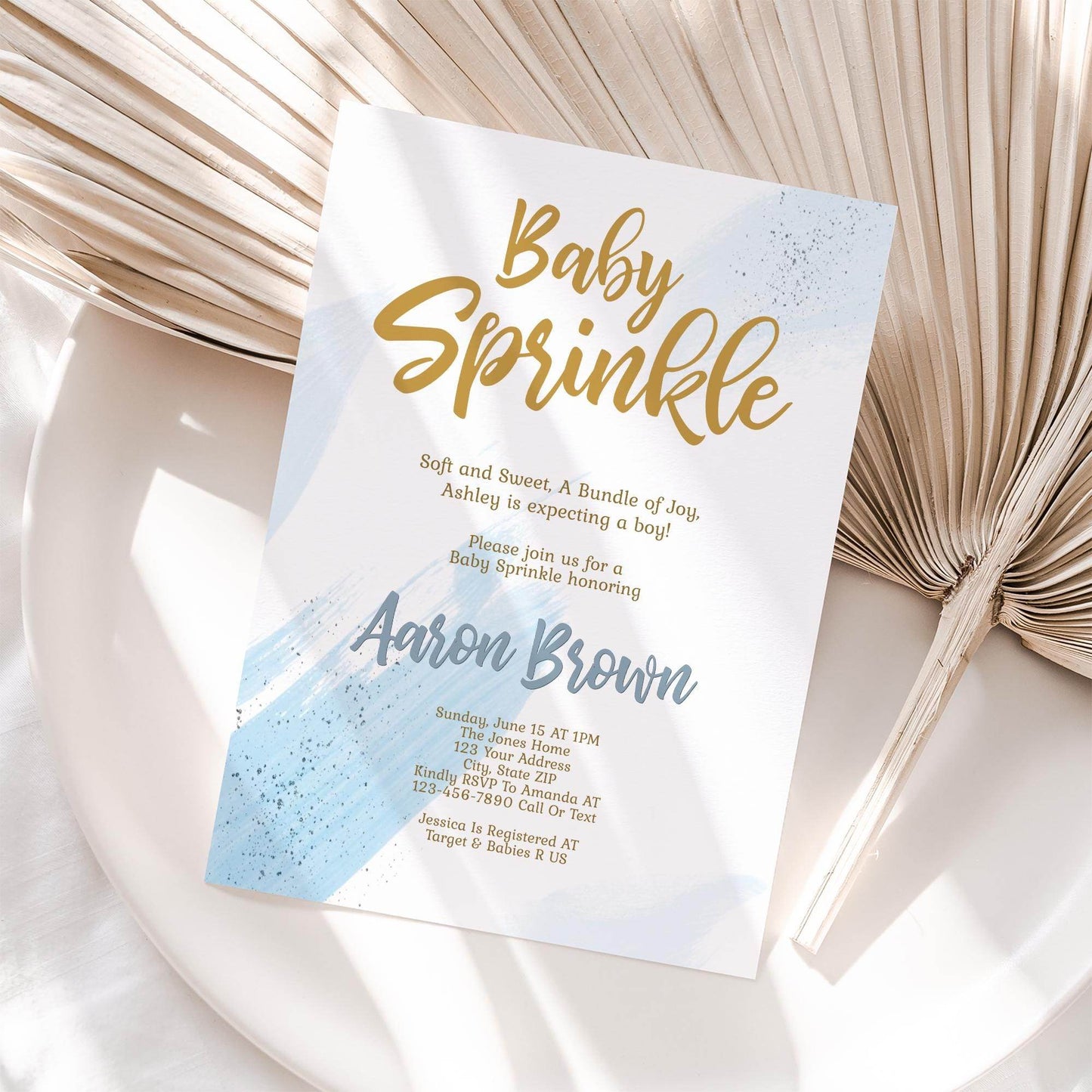 Boy Baby Sprinkle Invitation Template, Editable Blush Blue & Gold Sprinkle Invite, Printable Baby Sprinkle Card Evite, Instant Download