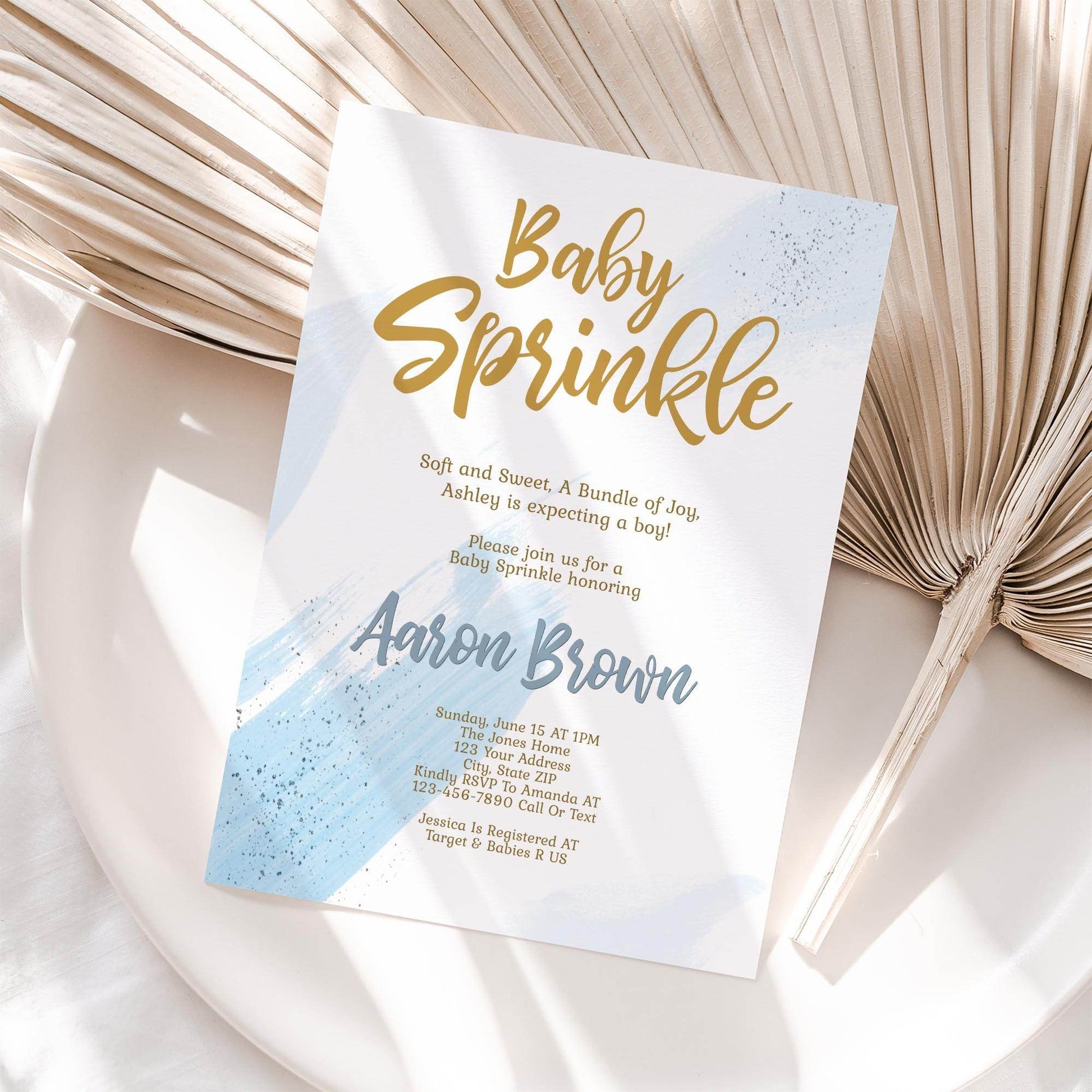 Boy Baby Sprinkle Invitation Template, Editable Blush Blue & Gold Sprinkle Invite, Printable Baby Sprinkle Card Evite, Instant Download