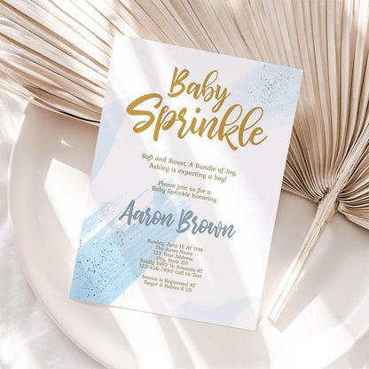 Boy Baby Sprinkle Invitation Template, Editable Blush Blue & Gold Sprinkle Invite, Printable Baby Sprinkle Card Evite, Instant Download
