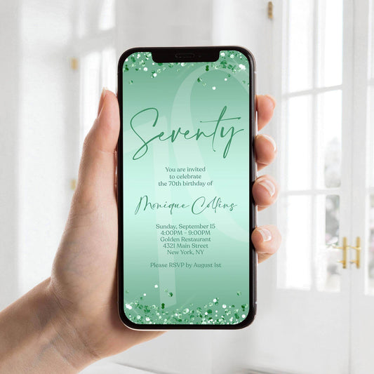 Digital Mint Green 70th Birthday Invitation Template, Editable Electronic Birthday Evite, Mint Foil Confetti Text Message Invite, Instant Download Smartphone Invitation