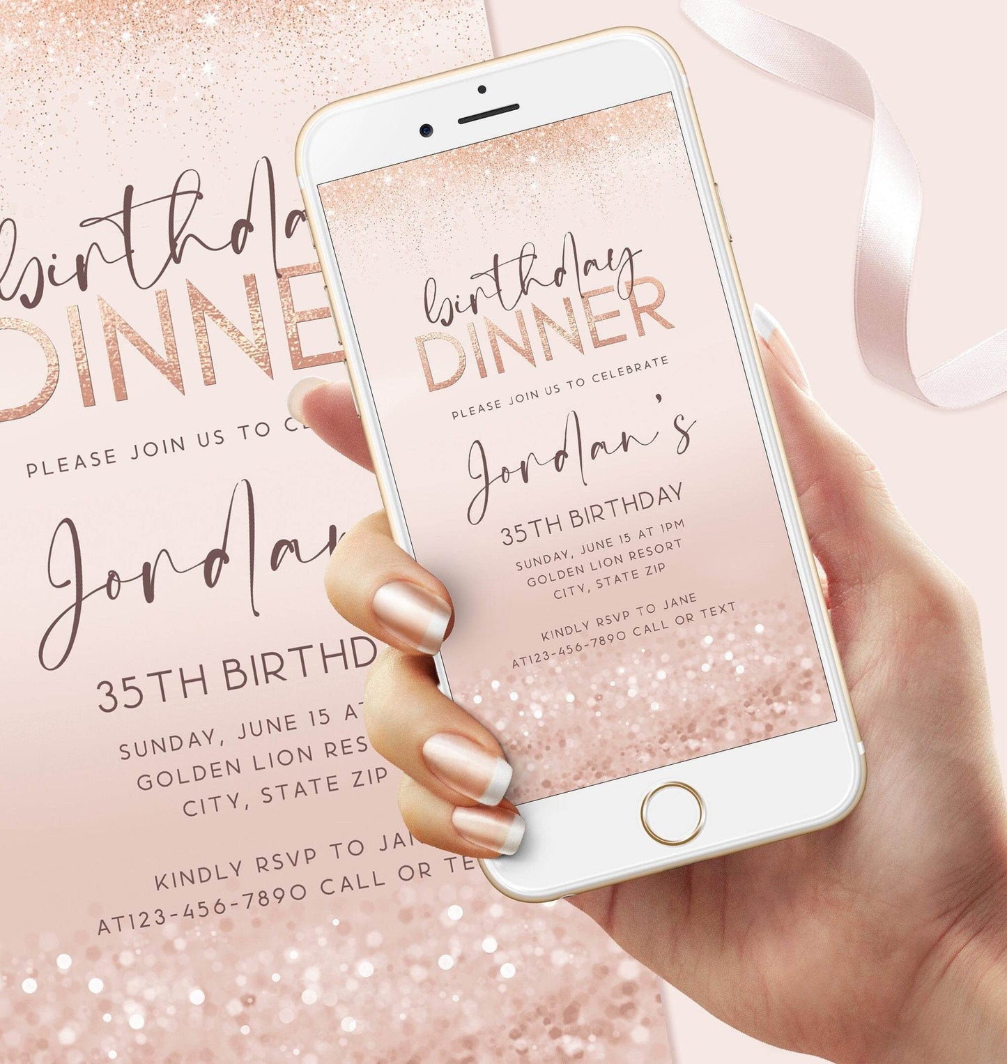 Rose Gold Birthday Dinner Invitation Template, Digital Glitter Phone Evite, Editable Mobile Invite, Text or Email DIY Birthday Dinner Card