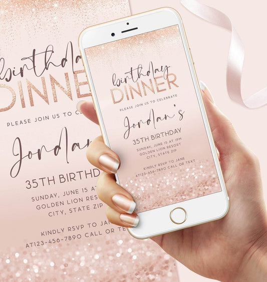 Rose Gold Birthday Dinner Invitation Template, Digital Glitter Phone Evite, Editable Mobile Invite, Text or Email DIY Birthday Dinner Card