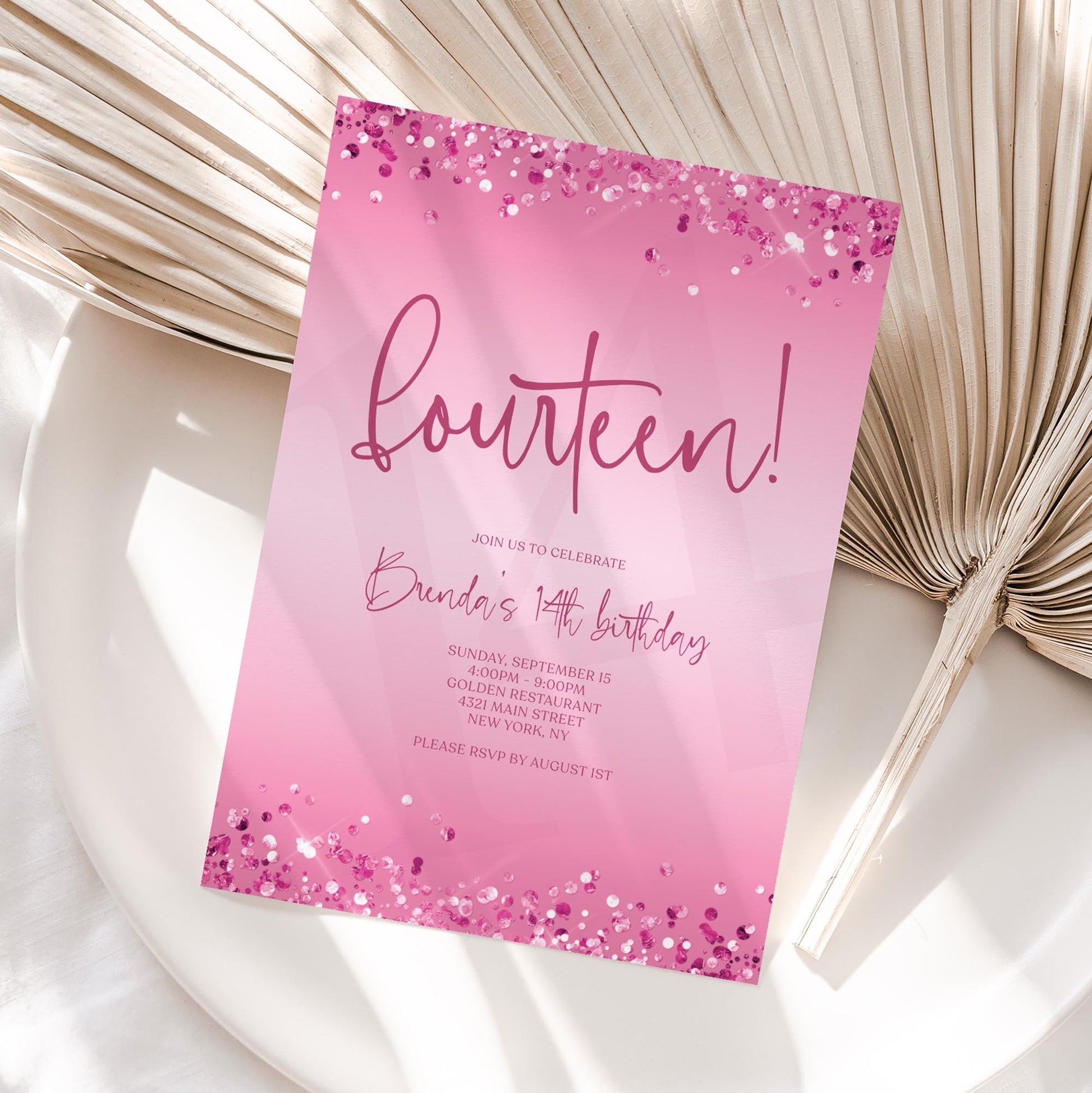 Pink 14th Birthday Invitation Template – Editable Hot Pink Fuchsia Teen Party Invite – Printable Girl Fourteen Birthday Card – Instant Download