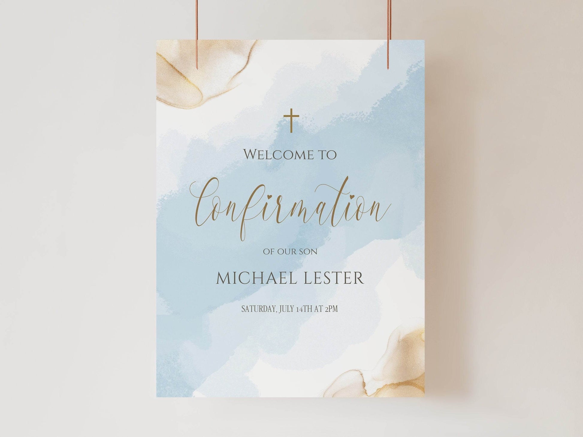 Boy Confirmation Welcome Sign Template, Printable Blue Gold Watercolor Sign, Editable Welcome to the Confirmation Sign Poster, Digital File