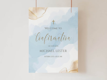 Boy Confirmation Welcome Sign Template, Printable Blue Gold Watercolor Sign, Editable Welcome to the Confirmation Sign Poster, Digital File