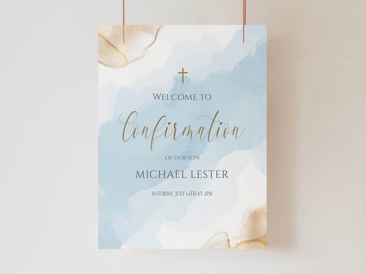Boy Confirmation Welcome Sign Template, Printable Blue Gold Watercolor Sign, Editable Welcome to the Confirmation Sign Poster, Digital File