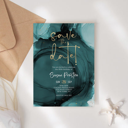 Teal Gold Save the Date Invitation template, Printable Birthday Party Announcement Cards, Editable Modern Invite, Digital Download Template