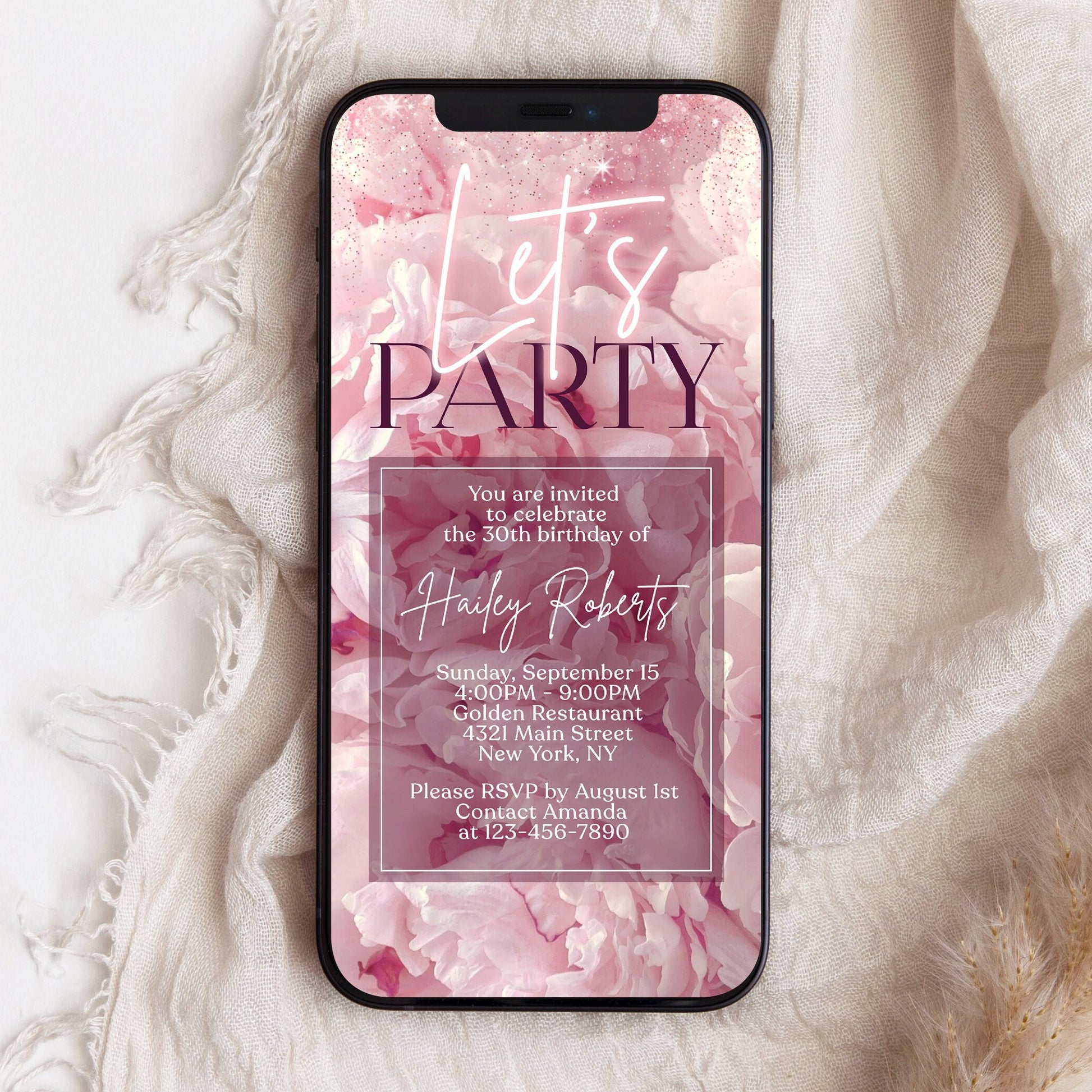 Electronic Pink Floral Birthday Party Invitation, Digital Birthday Invite, Editable Template, Any Age Mobile Text Evite, Email Text Message
