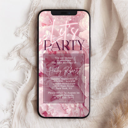Electronic Pink Floral Birthday Party Invitation, Digital Birthday Invite, Editable Template, Any Age Mobile Text Evite, Email Text Message