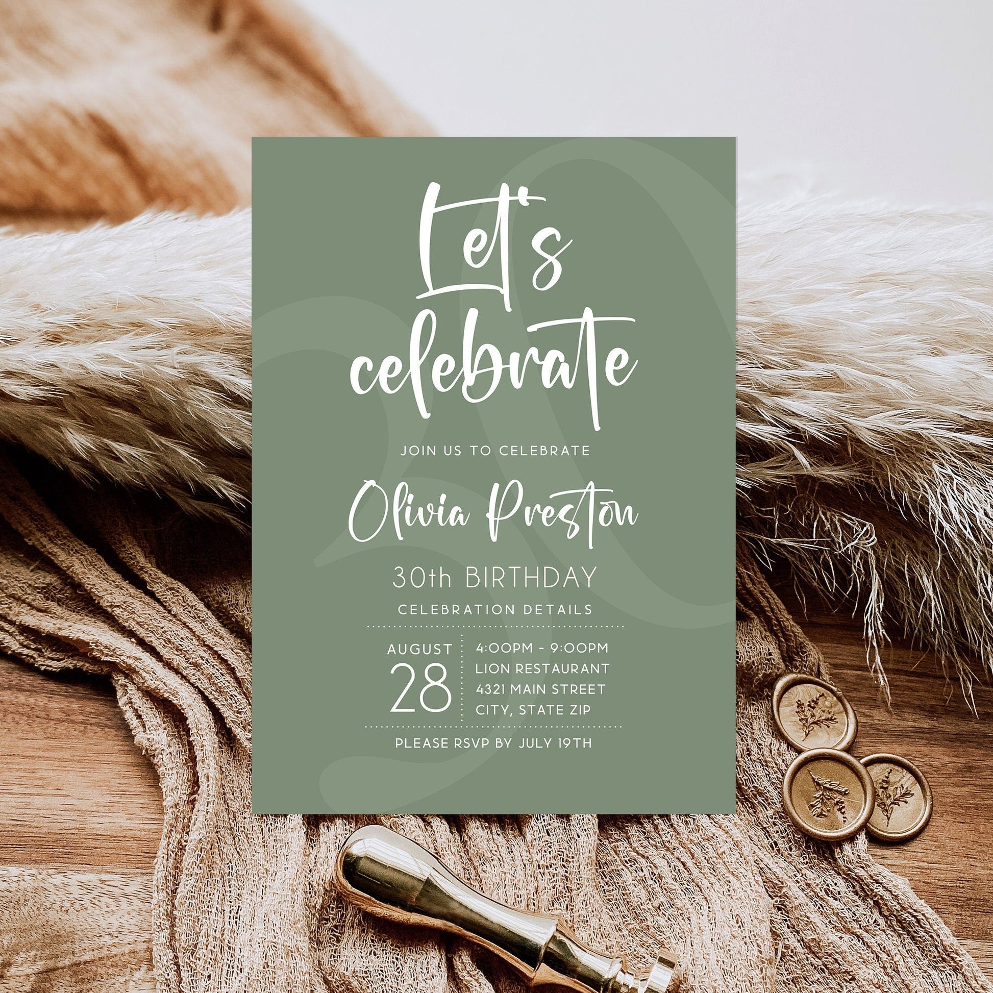 Sage Green Birthday Invitation Template | Printable Any Age Party Invite | Editable Text Message or Email Evite | 5x7 Digital Download
