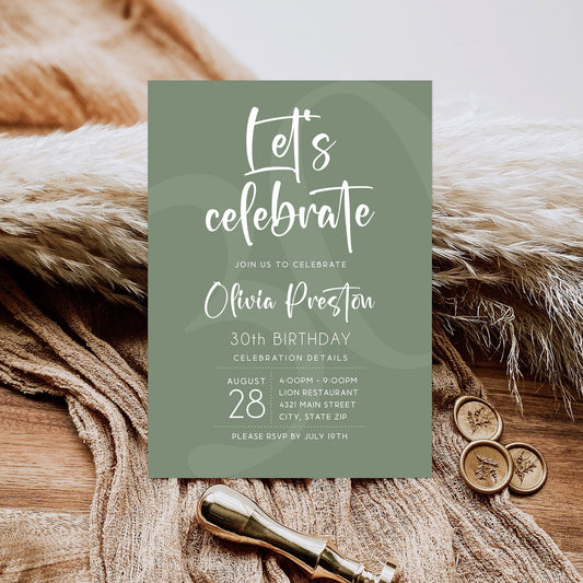 Sage Green Birthday Invitation Template | Printable Any Age Party Invite | Editable Text Message or Email Evite | 5x7 Digital Download