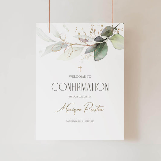 Editable Confirmation Welcome Sign Template – Greenery Eucalyptus Leaves – Printable Confirmation Poster for Boy or Girl – Digital Download